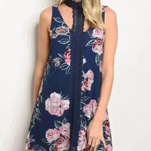 Navy Blue dress with Floral print and crochet detail